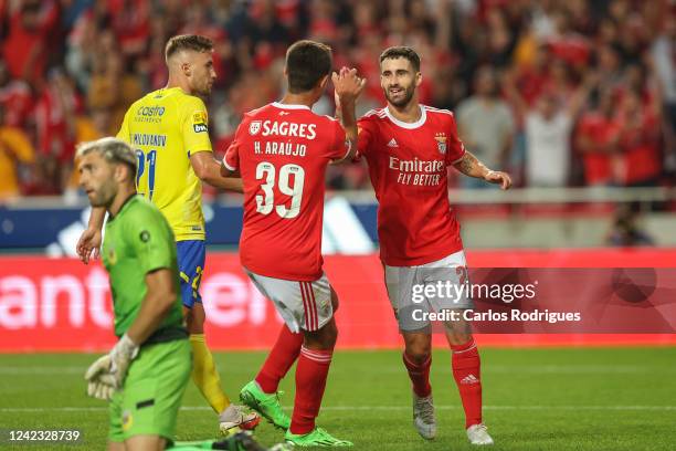 Rafa Silva of SL Benfica celebrates scoring SL Benfica fourth goal with Henrique Araujo of SL Benfica during the Liga Portugal Bwin match between SL...