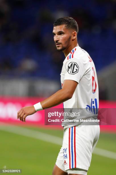 Houssem Aouar of Olympique Lyonnais looks on during the Ligue 1 match between Olympique Lyonnais and AC Ajaccio at Groupama Stadium on August 5, 2022...