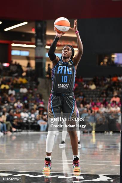 Rhyne Howard of the Atlanta Dream shoots a free throw during the game against the Los Angeles Sparks on August 5, 2022 at Gateway Center Arena in...