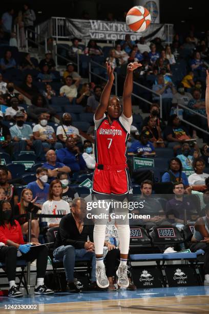 Ariel Atkins of the Washington Mystics shoots the ball during the game against the Chicago Sky on August 5, 2022 at the Wintrust Arena in Chicago,...