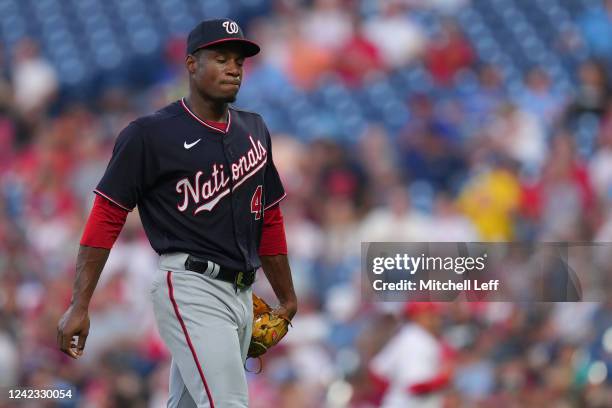 Josiah Gray of the Washington Nationals walks to the dugout after the end of the first inning against the Philadelphia Phillies at Citizens Bank Park...