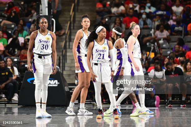 The Los Angeles Sparks look on during the game against the Atlanta Dream on August 5, 2022 at Gateway Center Arena in College Park, Georgia. NOTE TO...