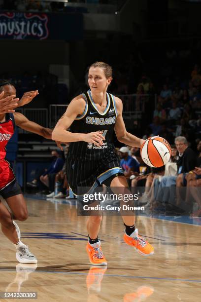 Allie Quigley of the Chicago Sky handles the ball during the game against the Washington Mystics on August 5, 2022 at the Wintrust Arena in Chicago,...