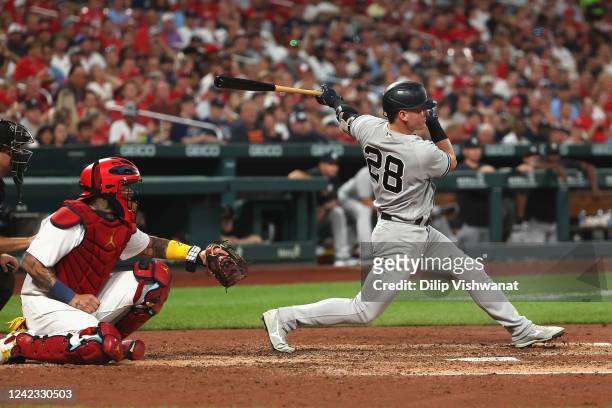 Josh Donaldson of the New York Yankees bats in a run with a single against the St. Louis Cardinals in the third inning at Busch Stadium on August 5,...