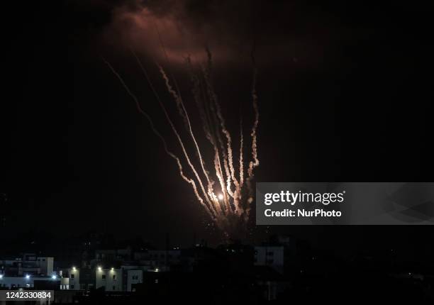 Rockets are launched from Gaza City, towards Israel on August 5, 2022. Palestinian militants fired rockets at Israel from the Gaza Strip this...