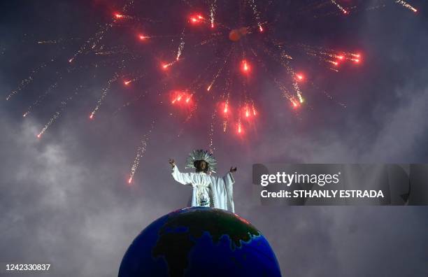 Fireworks go off during the celebration of the Divine Savior of the World procession in San Salvador, on August 5, 2022.