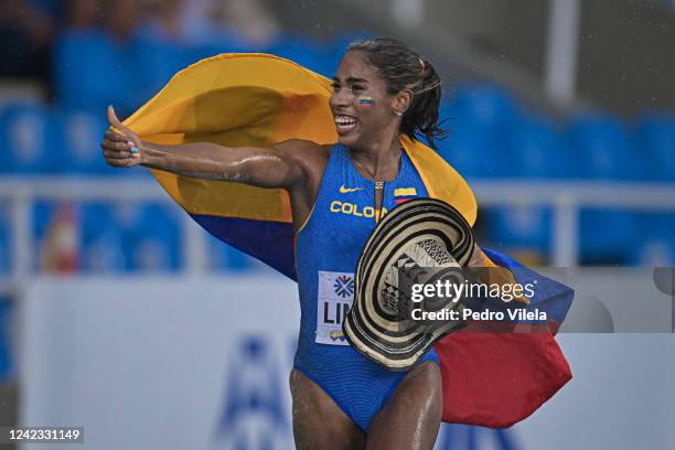 Natalia Linares of Team Colombia celebrates after finishing 3rd in the Women's long Jump Final on day five of the 2022 Cali World U20 Athletics...