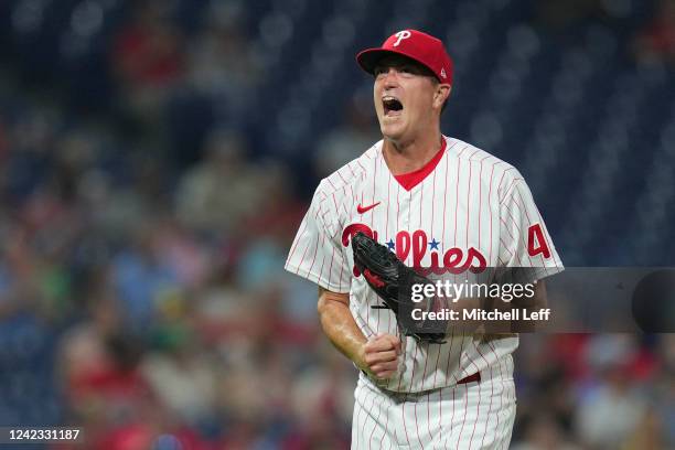 Kyle Gibson of the Philadelphia Phillies reacts in the top of the eighth inning against the Washington Nationals at Citizens Bank Park on August 5,...
