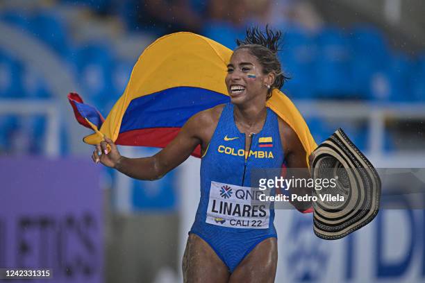 Natalia Linares of Team Colombia celebrates after finishing 3rd in the Women's long Jump Final on day five of the 2022 Cali World U20 Athletics...