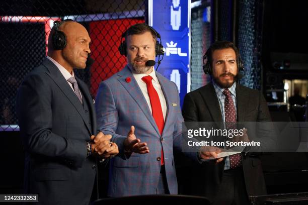 Professional Fighters League broadcasters Randy Couture , Sean O'Connell and Kenny Florian speak at the Hulu Theatre at Madison Square Garden in New...