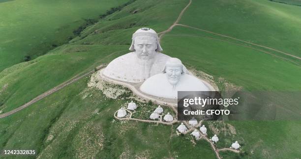 An aerial photo shows giant statues of Emperor Genghis Khan and Emperor Kublai Khan on Khan Mountain in Holingol, Tongliao City, North China's Inner...