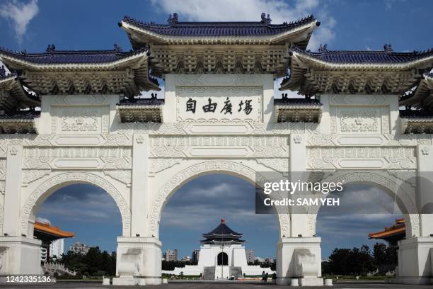 General view shows Chiang Kai-shek Memorial Hall in Taipei on August 6, 2022. - Taiwan accused the Chinese army of simulating an attack on its main...