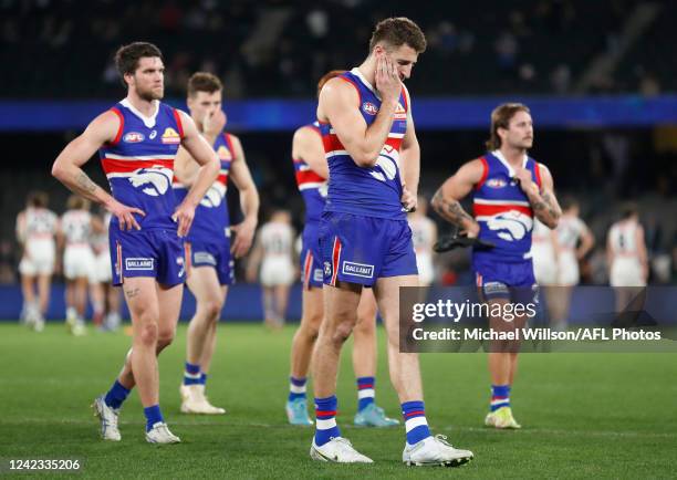 Marcus Bontempelli of the Bulldogs looks dejected after a loss during the 2022 AFL Round 21 match between the Western Bulldogs and the Fremantle...