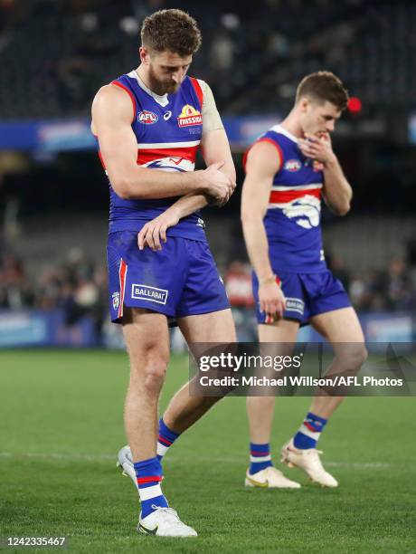 Marcus Bontempelli of the Bulldogs looks dejected after a loss during the 2022 AFL Round 21 match between the Western Bulldogs and the Fremantle...