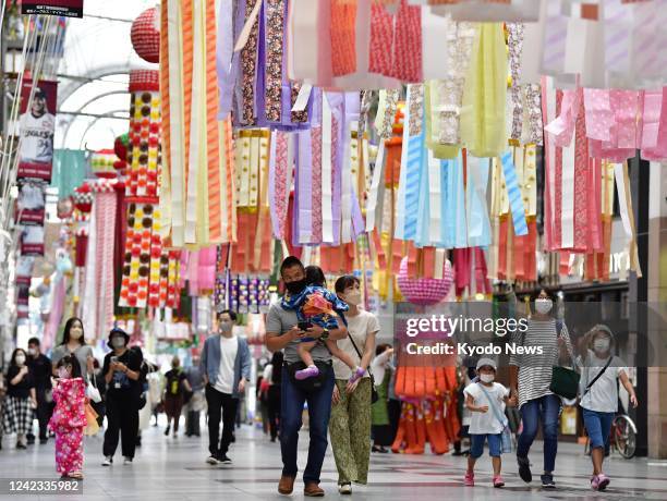 Hanging decorations are seen in a shopping arcade during the annual Tanabata Festival in Sendai, northeastern Japan, on Aug. 6, 2022.