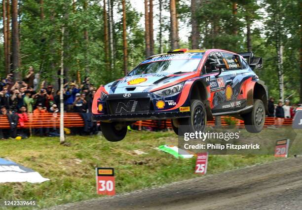 Jyväskylä , Finland - 6 August 2022; Thierry Neuville and Martijn Wydaeghe in their Hyundai i20 N Rally 1 during day three of the FIA World Rally...