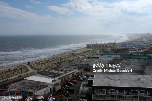 July 25: An aerial view of the beach and boardwalk along the Atlantic Ocean on July 25, 2022 in OCEAN CITY, NJ.