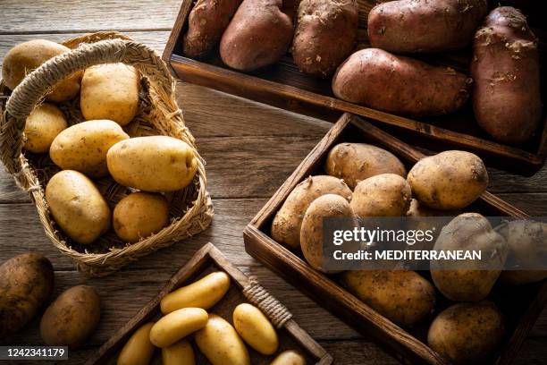 raw potatoes varied of different shapes and colors on rustic wood - harvest basket stock pictures, royalty-free photos & images