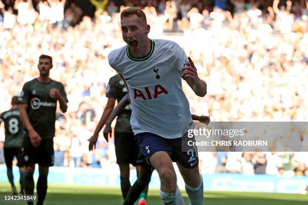 Tottenham Hotspur's Swedish midfielder Dejan Kulusevski celebrates after scoring their fourth goal during the English Premier League football match...