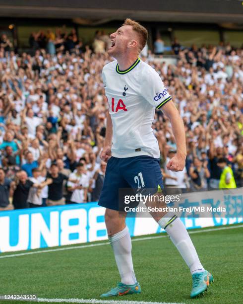 Dejan Kulusevski of Tottenham Hotspur celebrates after scoring the fourth goal during the Premier League match between Tottenham Hotspur and...