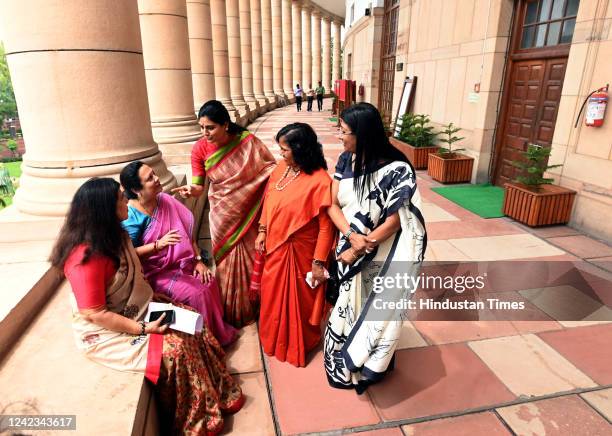 Women MPs after casting their vote during the election of the Vice President at Parliament House on August 6, 2022 in New Delhi, India. Former...