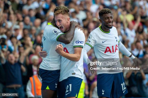 Dejan Kulusevski of Tottenham Hotspur celebrates with Ryan Sessegnon and Emerson Royal after scoring the fourth goal during the Premier League match...