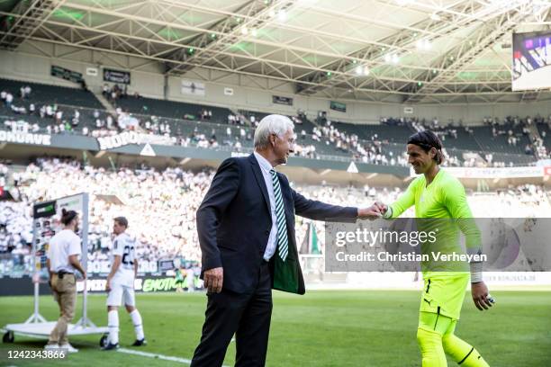 Rainer Bonhof and Yann Sommer after the Bundesliga match between Borussia Moenchengladbach and TSG Hoffenheim at Borussia-Park on August 06, 2022 in...