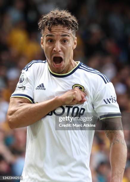 Rodrigo Moreno of Leeds United celebrates scoring their 1st goal during the Premier League match between Leeds United and Wolverhampton Wanderers at...