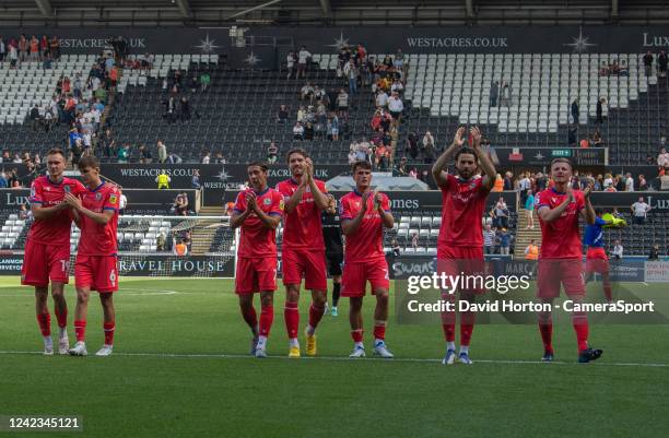 Blackburn Rovers players applauds the fans at the final whistle during the Sky Bet Championship between Swansea City and Blackburn Rovers at Liberty...