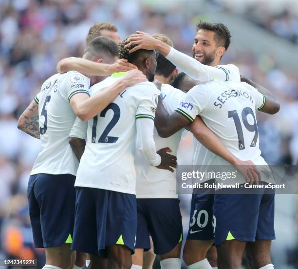 Tottenham Hotspur players celebrate their third goal set up by Emerson Royal during the Premier League match between Tottenham Hotspur and...