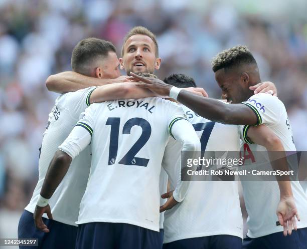 Tottenham Hotspur players celebrate their third goal set up by Emerson Royal during the Premier League match between Tottenham Hotspur and...