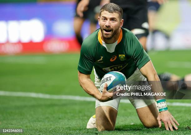 South Africa's Willie le Roux reacts after scoring a try during the Rugby Championship international rugby match between South Africa and New Zealand...