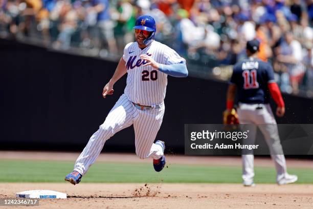 Pete Alonso of the New York Mets rounds second base during the first inning against the Atlanta Braves in the first game of a doubleheader at Citi...