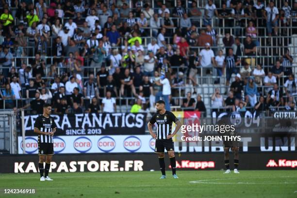 Charleroi's players react during a soccer match between Sporting Charleroi and KV Oostende, Saturday 06 August 2022 in Charleroi, on day 3 of the...