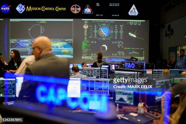 People walk through the White Flight Control Room at the Johnson Space Centers Mission Control Center in Houston, Texas, on August 5, 2022. - Rick...