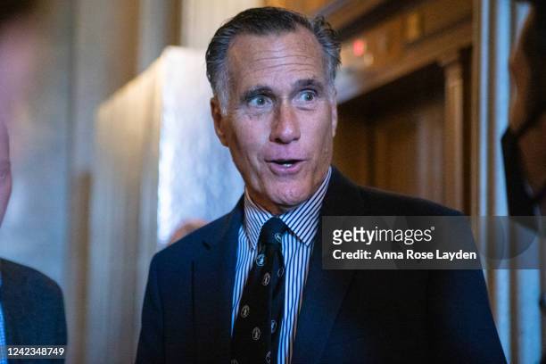 Sen. Mitt Romney speaks to reporters as he departs a vote on the Senate floor on Capitol Hill on August 6, 2022 in Washington, DC. The U.S. Senate...