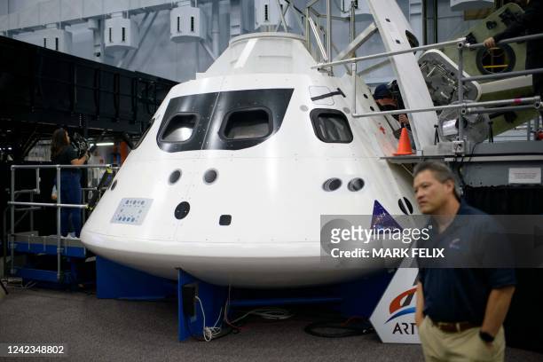 Medium fidelity Orion trainer is displayed at the Johnson Space Centers Space Vehicle Mock-up Facility in Houston, Texas, on August 5, 2022. - Rick...