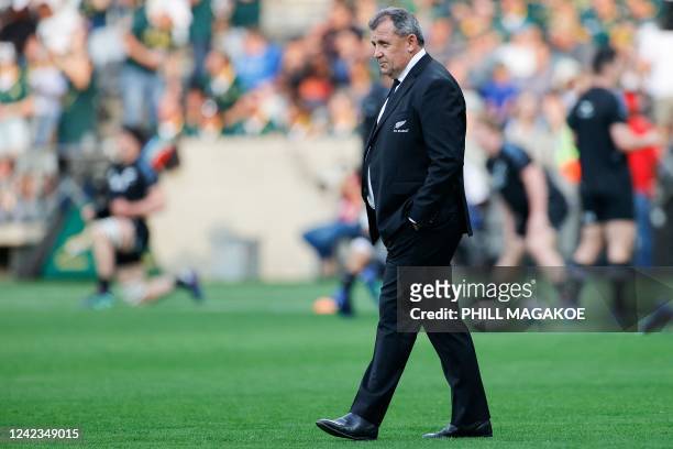 New Zealand's coach Ian Foster looks on ahead of the Rugby Championship international rugby match between South Africa and New Zealand at the...