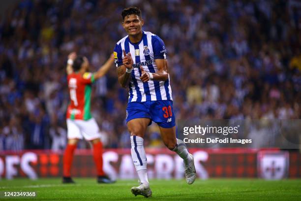 Evanilson of FC Porto celebrates after scoring his team's second goal later disalowed by the VAR during the Liga Portugal Bwin match between FC Porto...