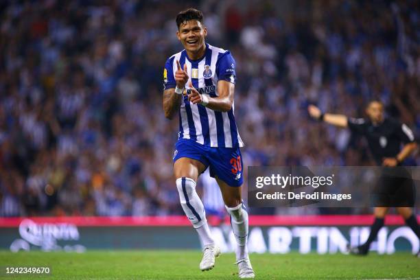 Evanilson of FC Porto celebrates after scoring his team's second goal during the Liga Portugal Bwin match between FC Porto and CS Maritimo at Estadio...