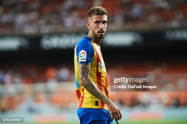 Samu Castillejo of FC Valencia looks on during the Trofeu Taronja match between Valencia CF and Atalanta at Estadio Mestalla on August 6, 2022 in...