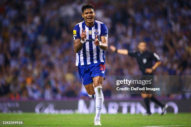 Evanilson of FC Porto celebrates after scoring his team's second goal during the Liga Portugal Bwin match between FC Porto and CS Maritimo at Estadio...