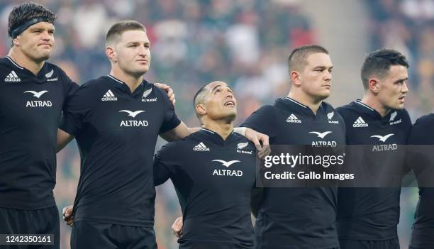 All Blacks line up before The Rugby Championship match between South Africa and New Zealand at Mbombela Stadium on August 06, 2022 in Nelspruit,...