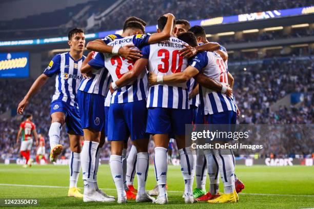 Evanilson of FC Porto celebrates with teammates after scoring his team's second goal during the Liga Portugal Bwin match between FC Porto and CS...