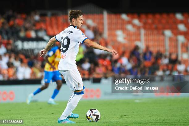 Anton Miranchuk of Atalanta Bergamo controls the ball during the Trofeu Taronja match between Valencia CF and Atalanta at Estadio Mestalla on August...