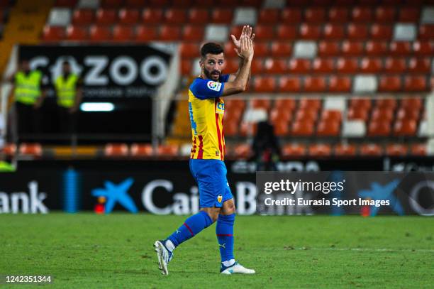 Jose Luis Gaya of Valencia CF thanks supporters for standing during the 50th Edition of Trofeu Toranja match between Valencia CF and Atalanta BC at...