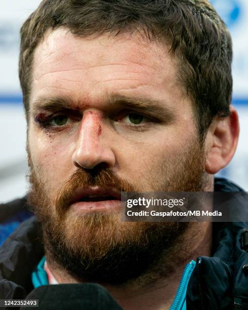 Julián Montoya of Argentina speaks to the media after the Rugby Championship match between Argentina Pumas and Australian Wallabies at Estadio...