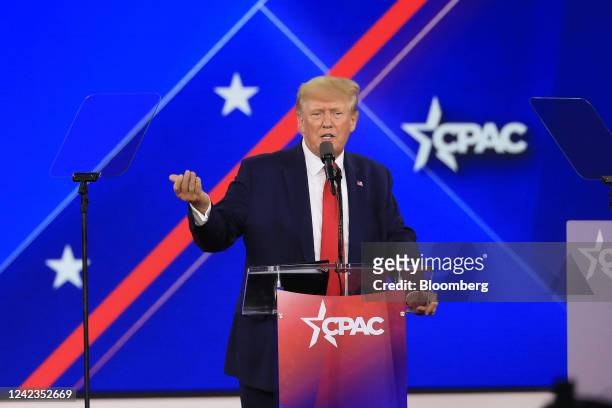 Former US President Donald Trump speaks during the Conservative Political Action Conference in Dallas, Texas, US, on Saturday, Aug. 6, 2022. The...