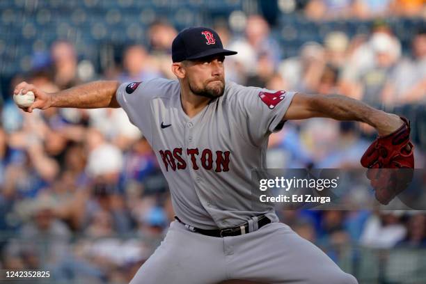 Starting pitcher Nathan Eovaldi of the Boston Red Sox throws in the first inning against the Kansas City Royals at Kauffman Stadium on August 06,...
