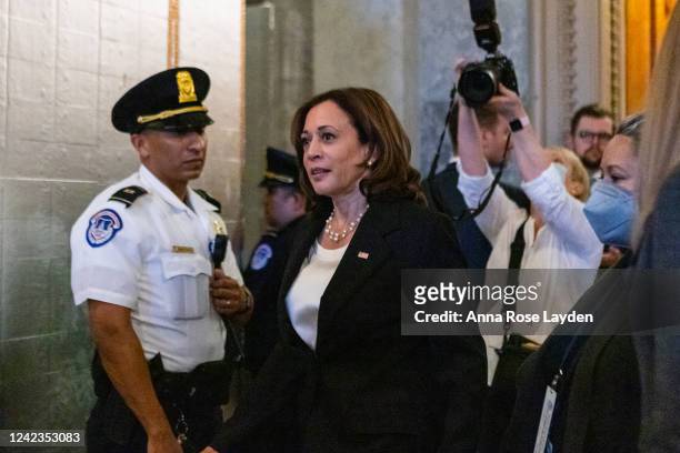 Vice President Kamala Harris departs the Senate floor after breaking a 50-50 vote to proceed to the Inflation Reduction Act on August 6, 2022 in...